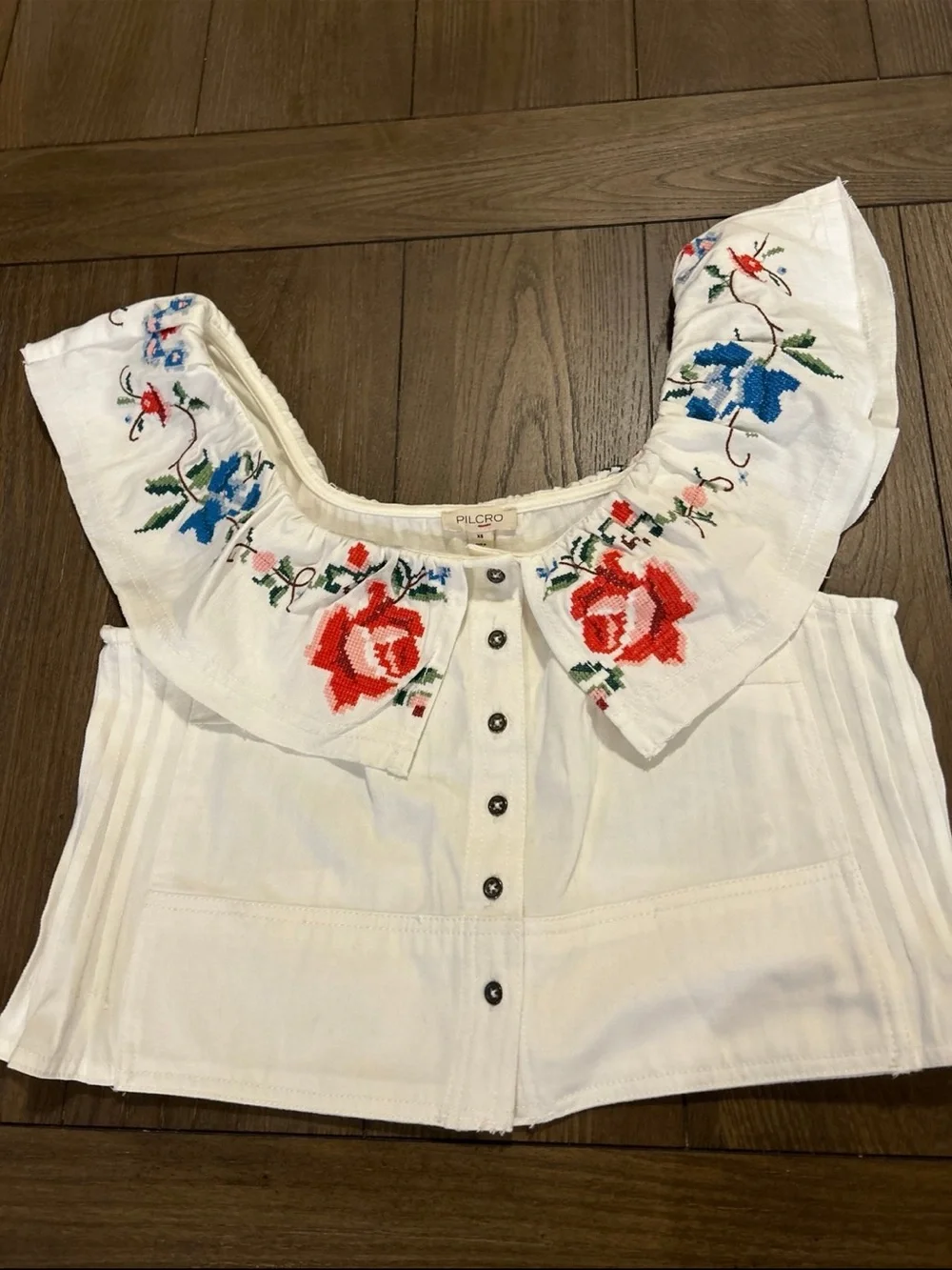 Pilcro White Embroidered Ruffle Camisole with Red and Blue Florals - Picture 6 of 7